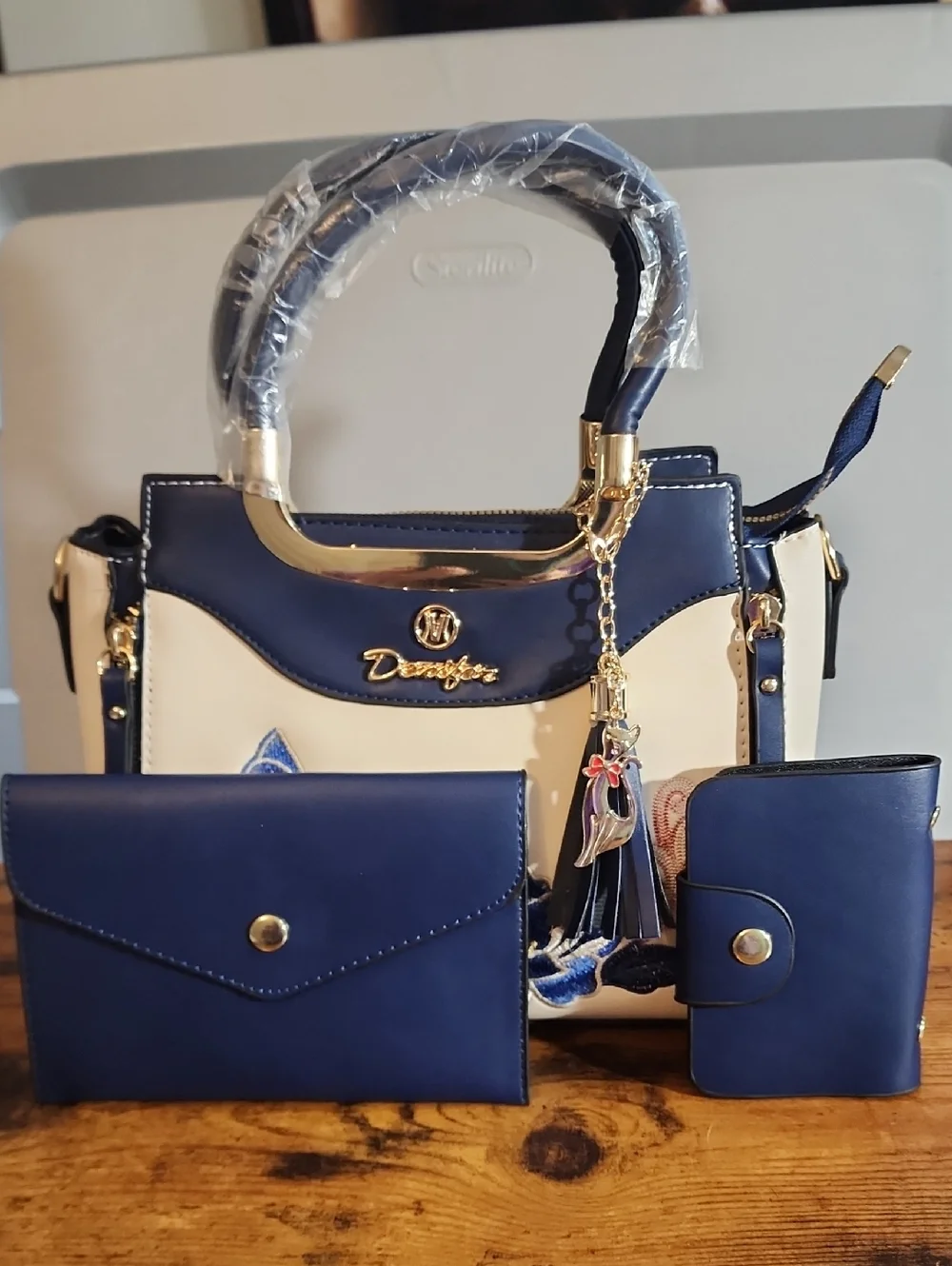 Blue 3pcs Set Women's Handbag With Elegant Geometric Print,Faux Leather material
